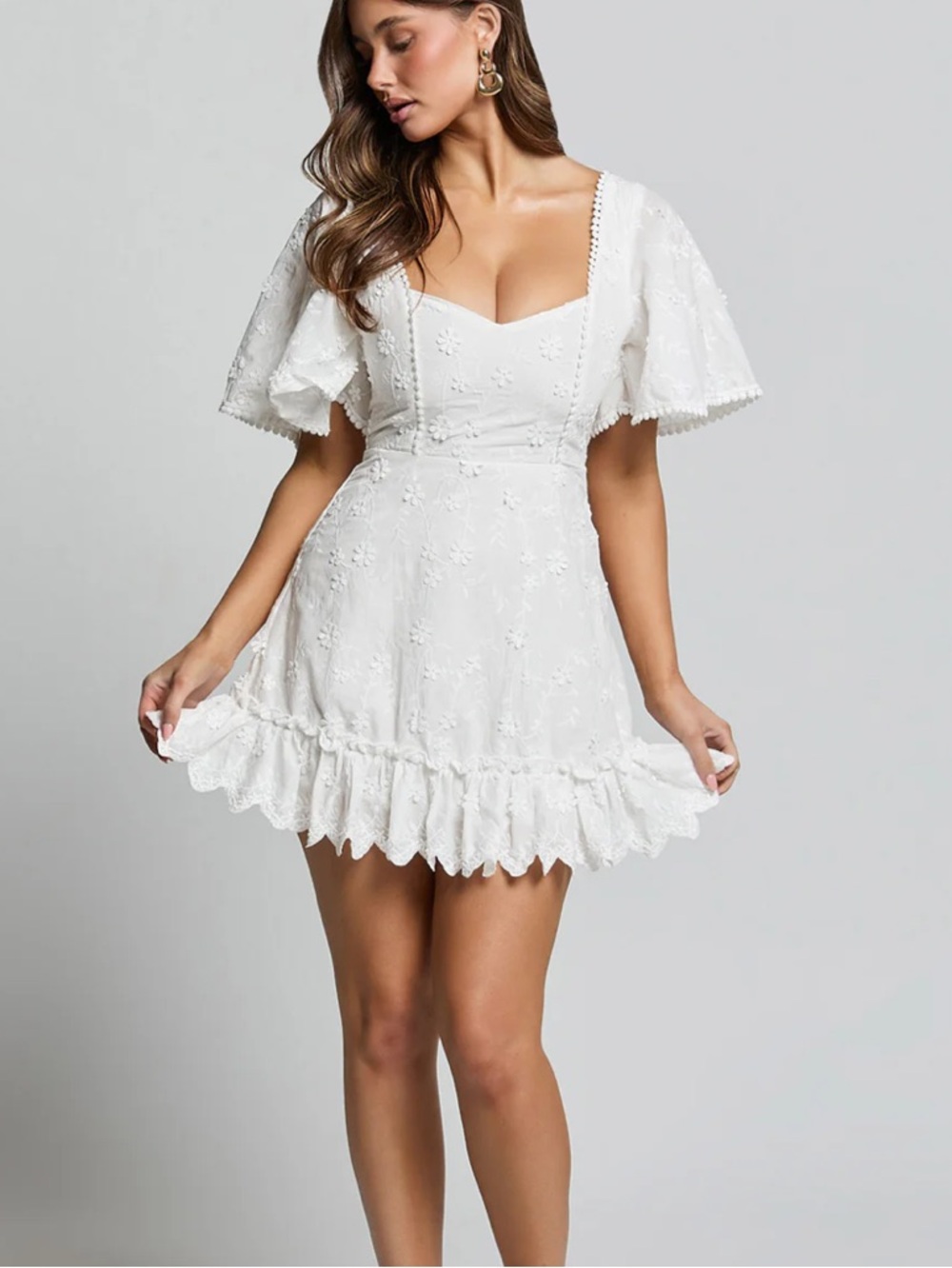 Showpo Fancy A Spritz Mini Dress White Floral Embroidered 6 Ruffle Graduation